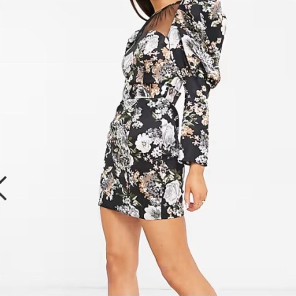 Lavish Alice mesh insert puff sleeve mini dress Black floral print Size 10